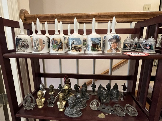 Wooden 3 Shelf Unit with Presidential Busts, Figurines & Bells