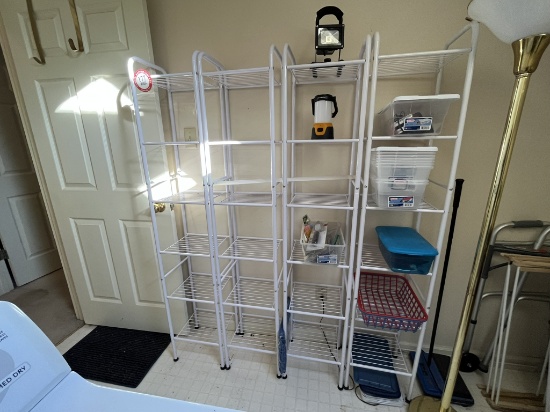 4 Metal Shelves, 2 Small Work Tables, Sewing Kits, etc