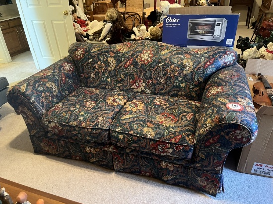 Upholstered Love Seat, Green Paisley Pattern