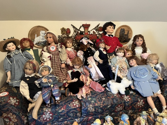 Assortment of 13 Dolls, Boys/Girls, Many with Doll Stands