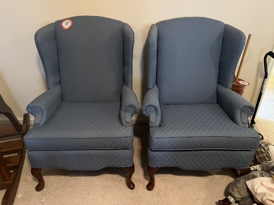 (2) Upholstered Wing Back Chairs, Light Blue Fabric