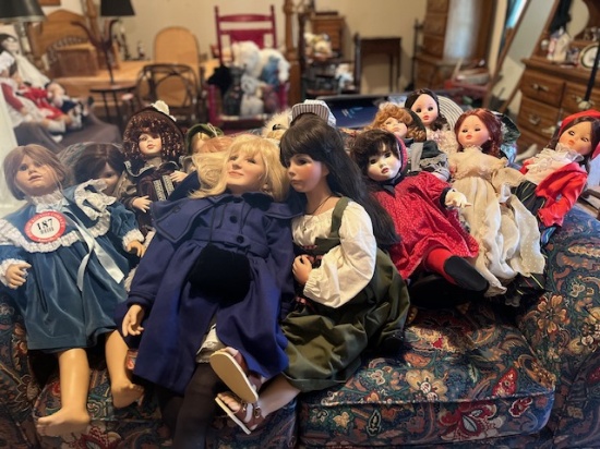 Assortment of 14 Dolls, Boys/Girls, Many with Doll Stands