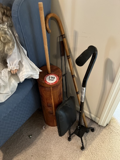 Pot Luck Lot - Vintage Popcorn Popper, Wooden Cane, Metal Cane, Vintage Butter Churn