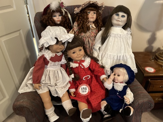 Assortment of 6 Dolls, All Girls, Some with Doll Stands