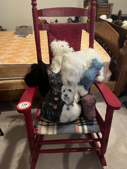 Vintage Wooden Rocking Chair with Woven Seat & Back w/Assorted Stuffed Animals