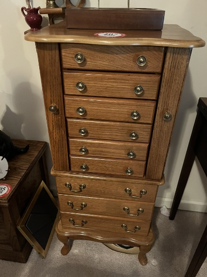 Wooden Jewelry Cabinet, Oak Finish, 8 Drawers, 2 Necklace Compartments