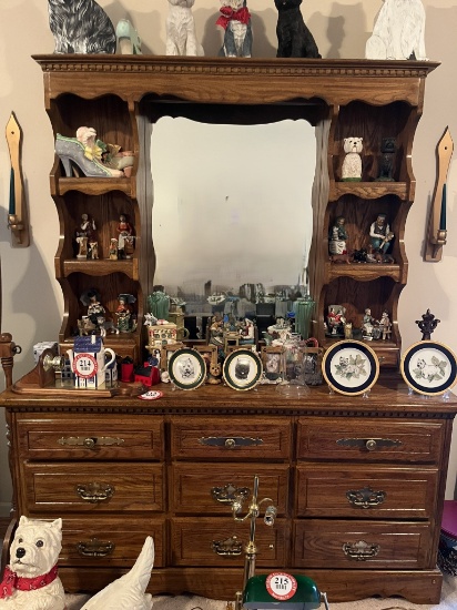 9 Drawer Wooden Dresser with Mirrored Display Hutch