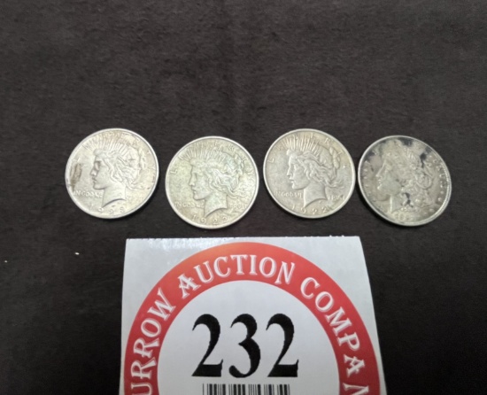 3 Silver Peace Dollars from (Two 1922, One 1923) plus One 1921 Morgan Silve