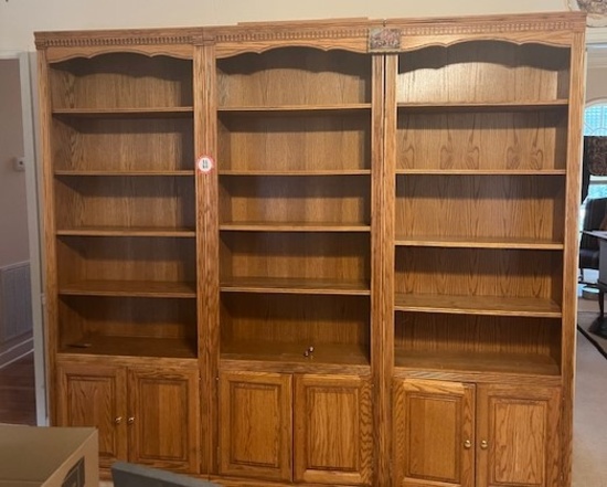 (3) 2 Door 5 Shelf Wooden Bookcases, Oak Finish