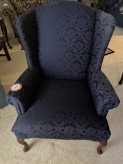 Upholstered Wooden Wing Back Arm Chair, Blue Upholstery