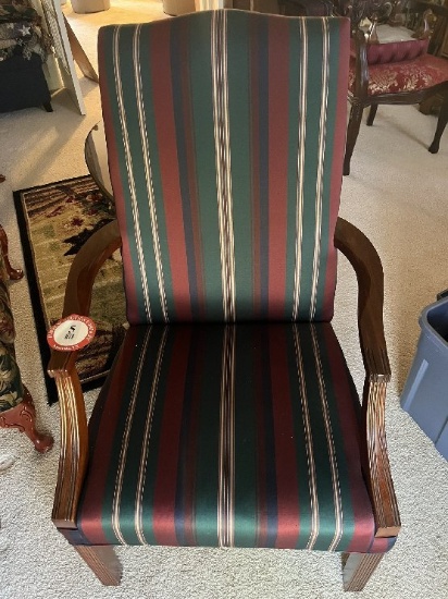 Upholstered Wooden Arm Chair, Striped Upholstery