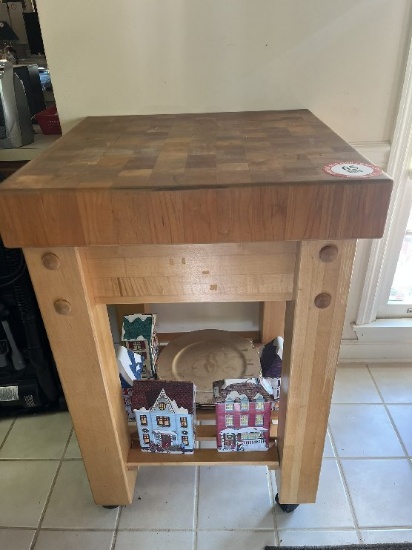 Wooden Butcher Block Table with One Shelf on Casters