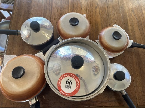 Contents of Butcher Block Table: Assorted Pots, Pans, Cookie Tins, etc.