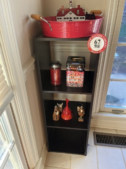 (2) Square Black Corner Shelves plus Contents, Cookie Tins, Decorative Item