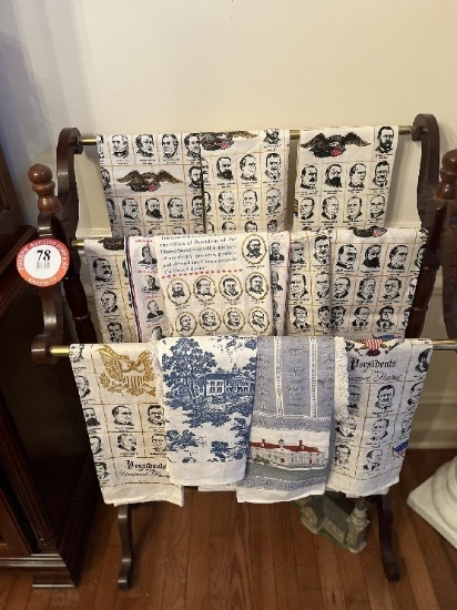 Dark Cherry Quilt Rack with 9 Presidential Themed Towels