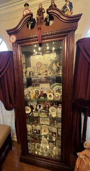Wooden Curio Cabinet, Mirrored Back with 3 Glass Display Doors