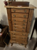 Wooden Jewelry Cabinet, Oak Finish, 8 Drawers, 2 Necklace Compartments