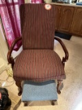 Upholstered Wooden Arm Chair, Red Striped Pattern