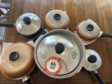 Contents of Butcher Block Table: Assorted Pots, Pans, Cookie Tins, etc.