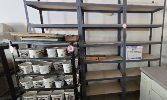 (2) Metal 2 Drawer Filing Cabinet, (4) Metal Shelving Units, (1) Plastic Sh