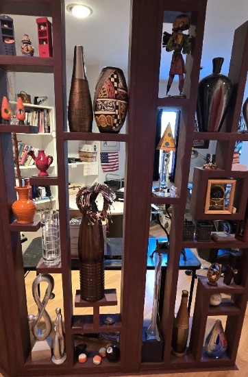 Contents of Built-In Shelving - Assorted Decorative Items, Vases, Figurines
