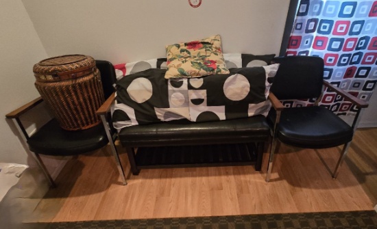 Contents of Bedroom - 2 Metal Armchairs, Upholstered Bench, Round Wooden Pl