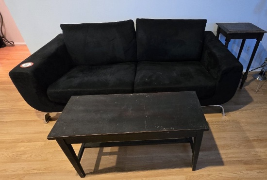 Dark Blue Love Seat with Black Coffee Table & Wooden Side Table