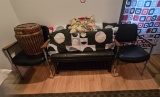 Contents of Bedroom - 2 Metal Armchairs, Upholstered Bench, Round Wooden Pl