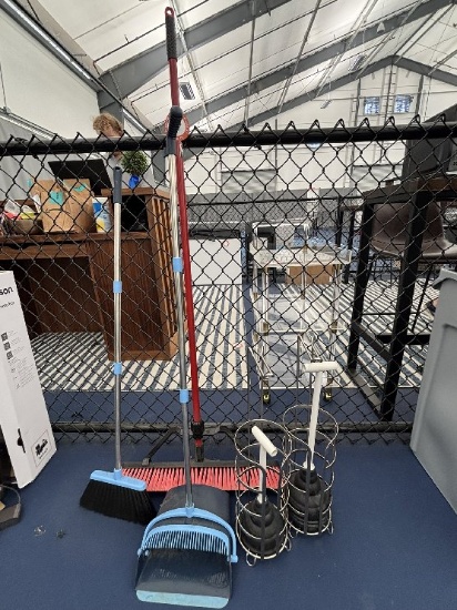 Assorted Cleaning Items, Brooms, Plunger, Dust Pan, Etc.