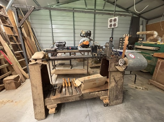 Vintage Heavy-duty Wood Lathe mounted on Custom Wooden Workbench