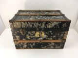 ANTIQUE PAINTED METAL COVERED WOOD CHILD'S TRUNK