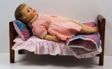 WOOD DOLL BED, LINENS, DOLL QUILT, DOLL BY MADAME ALEXANDER