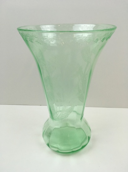 GREEN VASELINE GLASS ETCHED WITH TULIPS