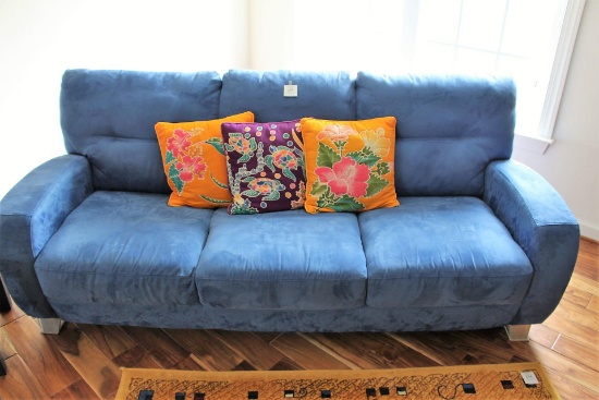 Contemporary Blue Suede Sofa & Accent Pillows