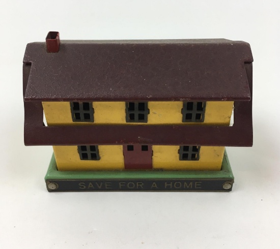 VINTAGE PAINTED METAL "SAVE FOR A HOME" BANK