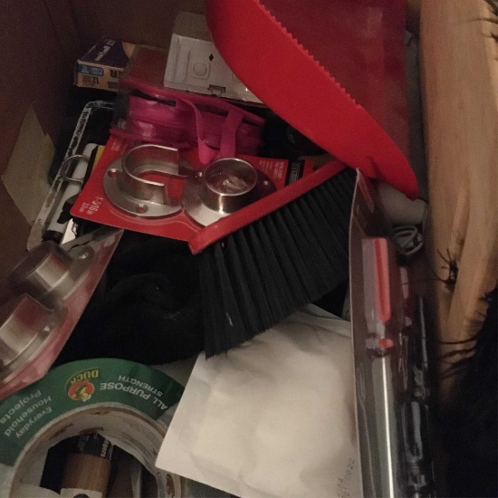 BOX OF MISC TOOLS AND HOUSEHOLD GOODS