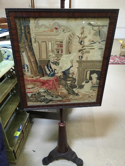 VINTAGE FIRESCREEN HANDWOVEN SCENE WITH STAND
