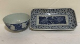 BLUE AND WHITE BUTTER DISH AND RICE BOWL