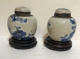 PAIR OF ASIAN BLUE AND WHITE URNS ON DISPLAY STAND