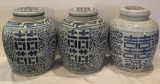 LOT OF 3 BLUE AND WHITE LIDDED ASIAN URNS