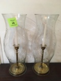 PAIR OF BRASS BASED CANDLESTICKS AND HURRICANES