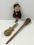 3 VINTAGE ITEMS - STICK PUPPET, CLACKER & RATTLE