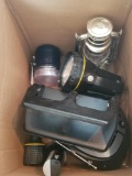 BOXED LOT OF MISC FLASHLIGHTS, BOOMBOX, & OFFICE