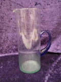 HAND BLOWN GLASS PITCHER WITH BLUE HANDLE