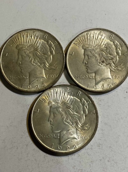 THREE 1922 PEACE DOLLARS