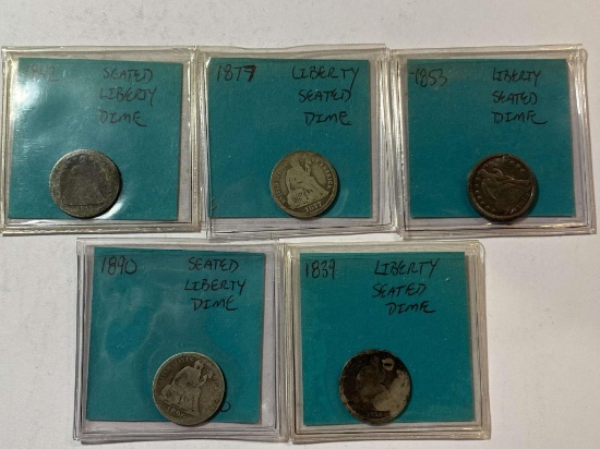 FIVE SEATED LIBERTY DIMES
