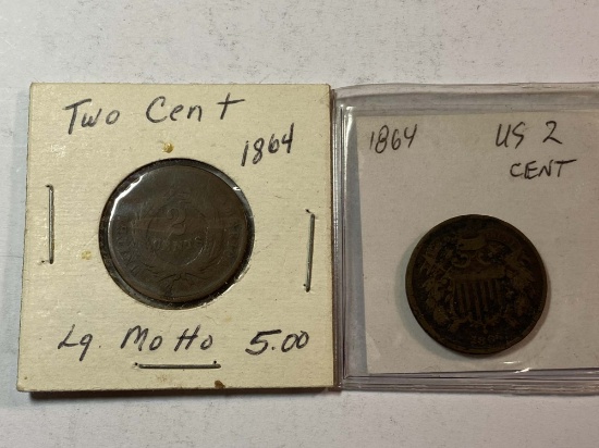 TWO 1864 2 CENT PIECES