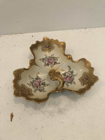 THREE COMPARTMENT DISH WITH GOLD PAINTED RIMS