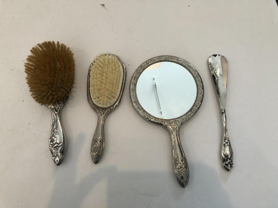 4 STERLING & PLATE - 2 BRUSHES, SHOE HORN, MIRROR