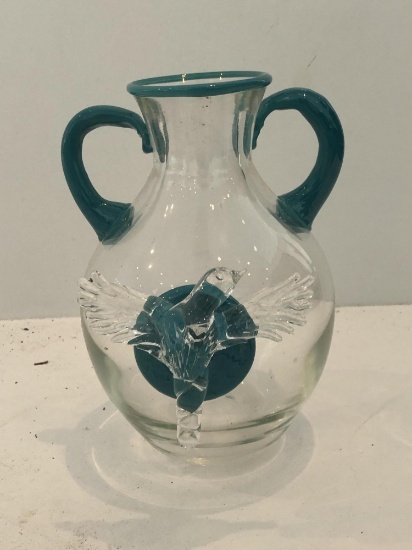 BLUE AND CLEAR GLASS  VASE WITH DOVE ON IT